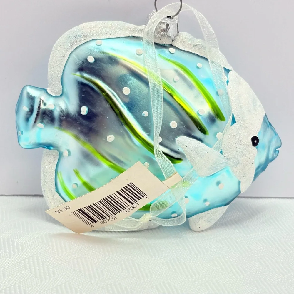 Vibrant Frosty blue and green glass blown Fish Christmas Ornament
